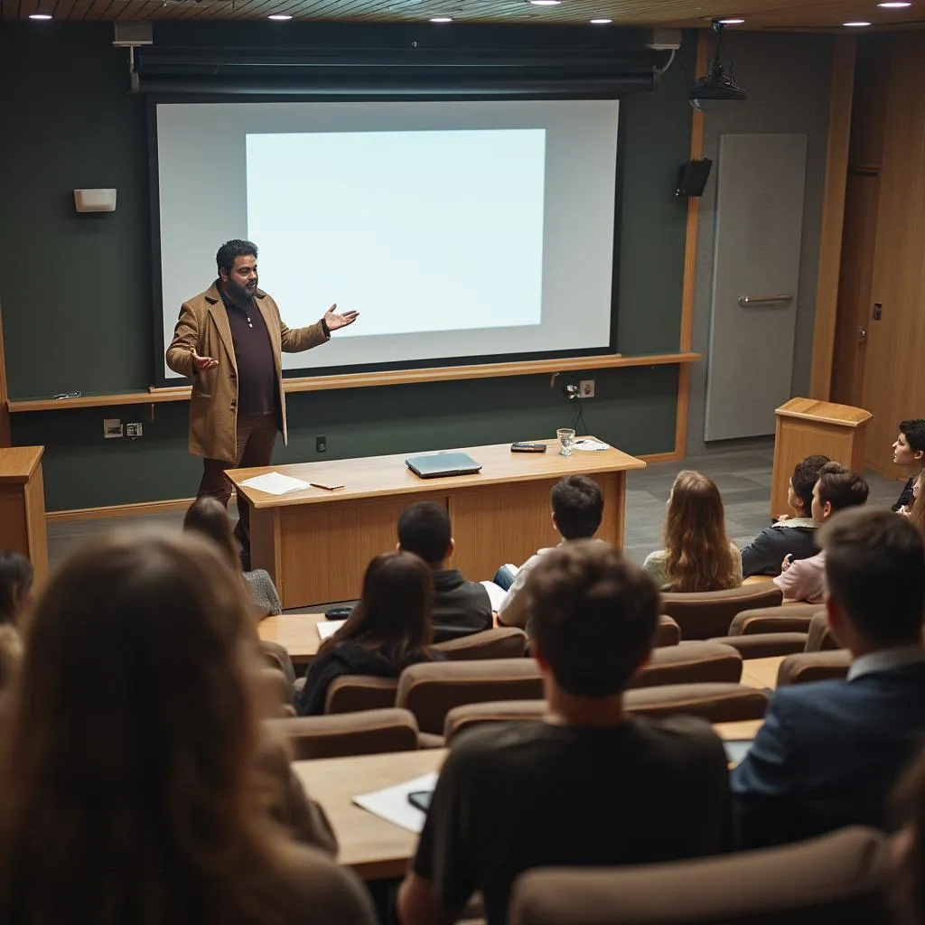 Преподавател изнася лекция пред аудитория в модерен обучителен център